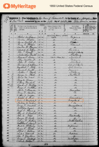 Jerome Napoleon Bonaparte, cadet de l’Académie militaire de West Point, dans le recensement américain de 1850. Collections MyHeritage. Cliquez pour agrandir.