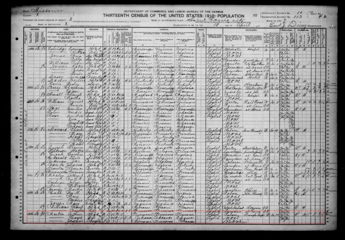 Josephine op 3-jarige leeftijd, wonend bij haar stiefvader Arthur Martin en moeder Carrie in de volkstelling van 1910 op MyHeritage (Klik om te vergroten)