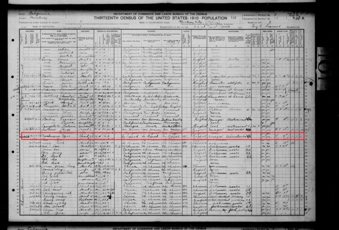 En 1910, Yves Marie Crechriou, alors divorcé, vivait seul dans le quartier de Chinatown, de Monterey en Californie, où il gérait une salle de billard, comme on peut le voir dans le recensement américain de 1910 sur MyHeritage. Cliquer pour agrandir.
