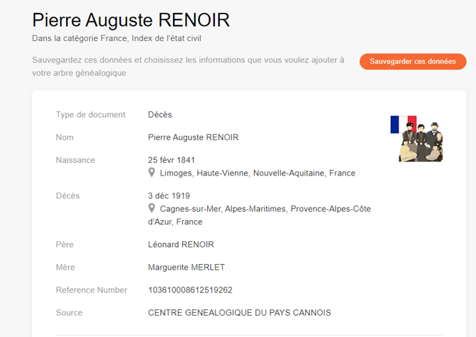 Acte de décès de Pierre Auguste Renoir [Source : France, index des actes d’état civil, MyHeritage]