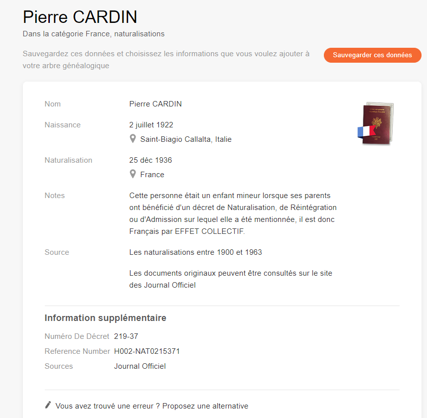 Décret de naturalisation de Pierre Cardin [France, naturalisations, 1900-1963, MyHeritage]