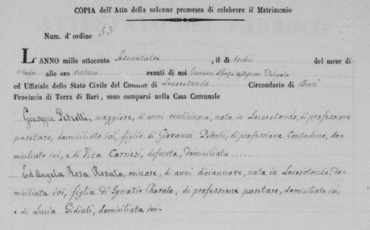 Promesse de mariage en 1863 entre son arrière-arrière-grand-père Giuseppe Petrelli, qualifié de <em srcset=