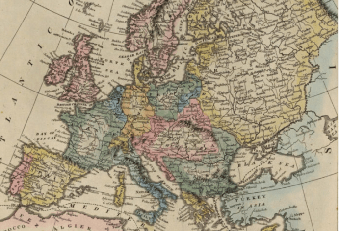 Cette carte montre l’Europe en 1823, peu après le congrès de Vienne. [Collection de cartes David Rumsey]