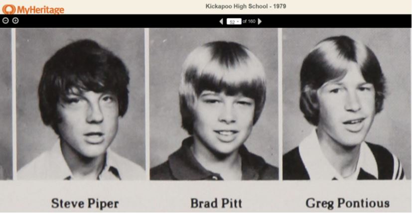 Bad Pitt au centre de la photo. Annuaire du lycée de Kickapoo, 1979. Annuaires américains de MyHeritage, 1890-1979