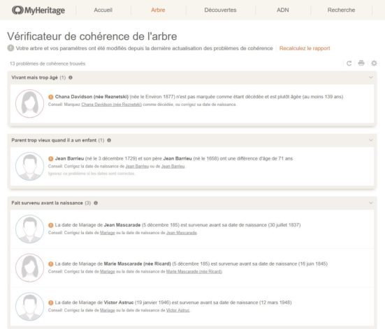 Vérificateur de cohérence de l’arbre en ligne de MyHeritage (Cliquer pour agrandir)