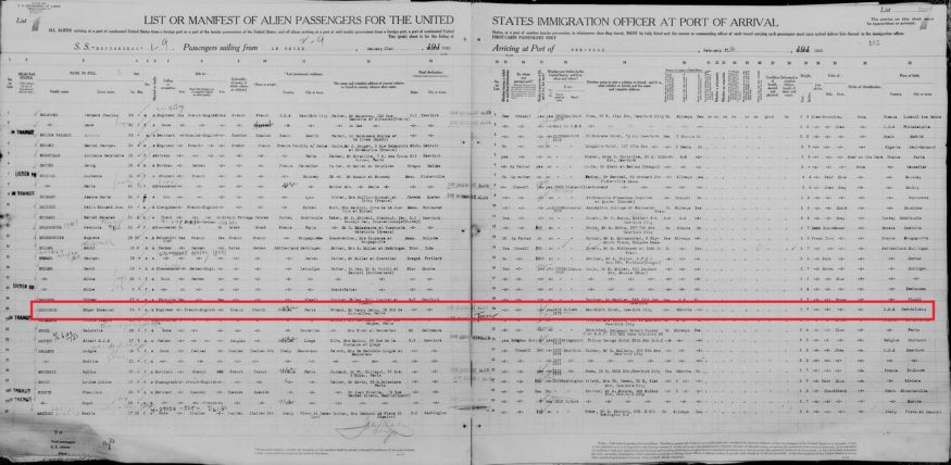 Selon le document dans la collection des Listes des passagers de Ellis Island et autres listes de New York, 1820-1857 sur MyHeritage, il a les yeux noisettes, les cheveux bruns, et mesure 1m73 (cliquez pour agrandir)