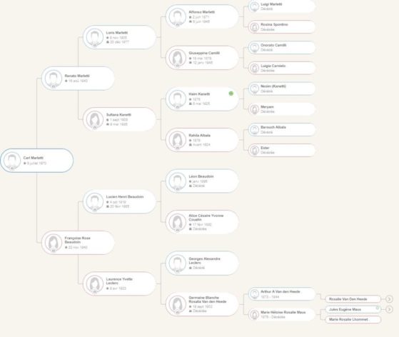 Vue Ascendance de l’arbre que nous avons construit pour Carl Marletti, remontant sur 8 générations.