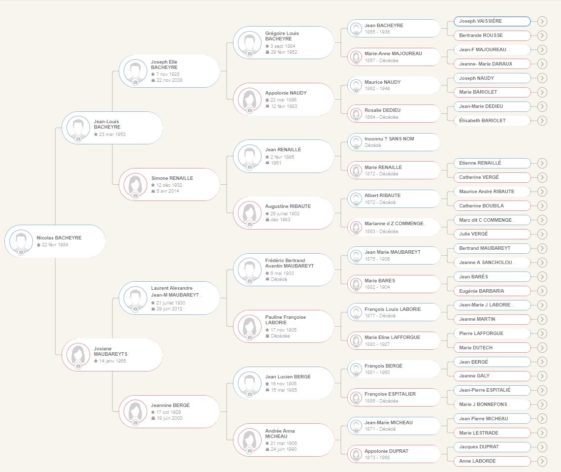 Vue Ascendance de l’arbre que nous avons construit pour Nicolas Bacheyre, remontant sur 8 générations.