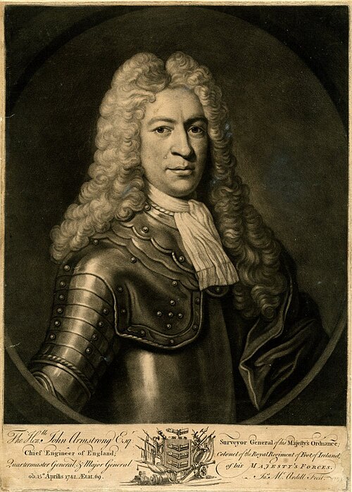 Portrait gravé d'un homme en armure coiffé d'une longue perruque poudrée