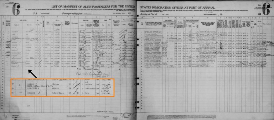 Ellis Island et d’autres listes de passagers de New York, 1820-1957 – Albert Einstein, SuperSearch de MyHeritage.