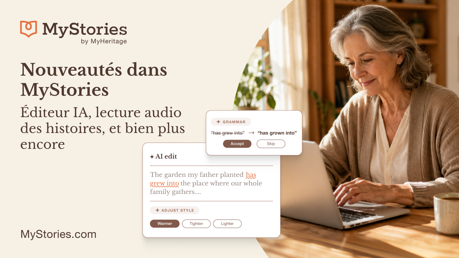 Nouveautés MyStories : éditeur IA, lecture audio des histoires et plus encore