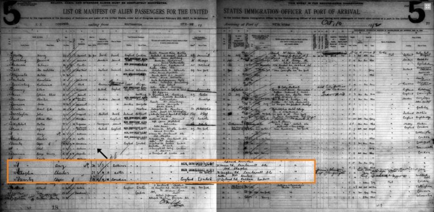 Ellis Island et d’autres listes de passagers de New York, 1820-1957 – Charles Chaplin, SuperSearch de MyHeritage.