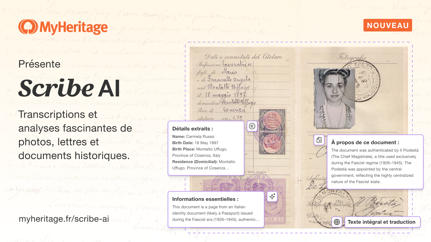 Scribe AI : transcrivez, interprétez, et recevez des informations fascinantes sur les documents historiques et les photos de votre famille, ainsi que sur les données MyHeritage