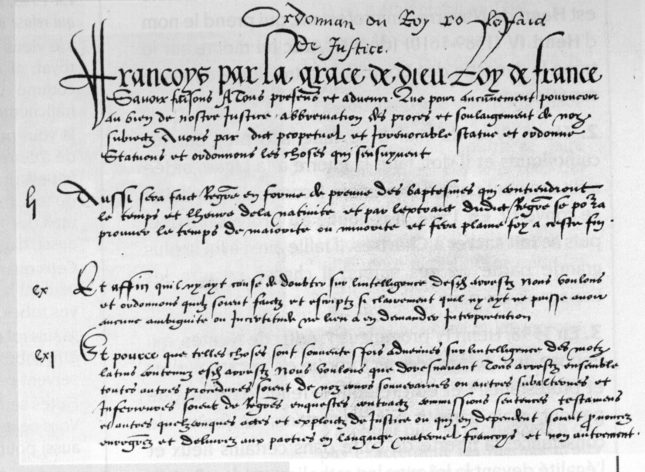Extrait de l’ordonnance de Villers-Cotterêts de 1539 précisant l’obligation de tenue de registres de baptêmes (article li, i.e. 51).