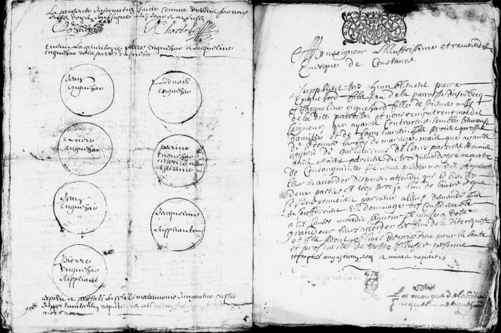 Dispense de consanguinité de 1698 entre Pierre Enguehar et Jacqueline Enguehar, présentant le lien de parenté entre les époux sous forme d’arbre généalogique ! © AD 50, cote 301 J 25 1698.