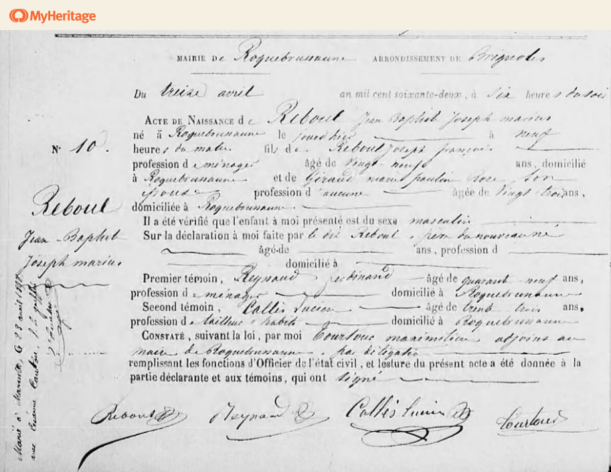 Jean-Baptiste Reboul est né le 13 avril 1862 à Roquebrunasse dans le Var. Collections MyHeritage.
