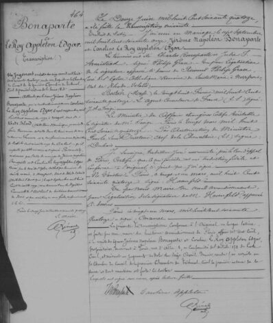 À la demande de Jerome Bonaparte et de son épouse, alors qu’ils vivaient à Paris, ce document français du 12 juin 1874 stipulait qu’ils s’étaient mariés le 7 septembre 1871 à Newport, dans l’État de Rhode Island. Collections MyHeritage.