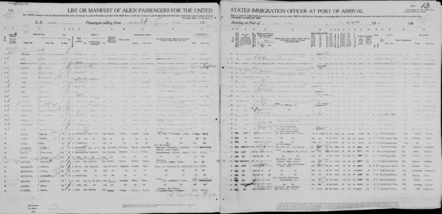 Le 11 mai 1921 Marie Curie et ses filles (lignes 18-20) arrivent à New York. Image des ‘Listes des passagers de Ellis Island et autres listes de New York, 1820-1857’ sur MyHeritage. Cliquez pour agrandir.