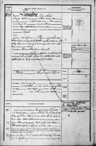 Le registre matricule de Gaston Charles Landru mentionnant sa condamnation à la déportation et son arrivée en Nouvelle-Calédonie