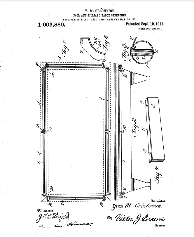 Première page du brevet de Yves Marie Crechriou déposé en 1911 visant à améliorer la table de billard. Collection des Inventeurs de brevets, MyHeritage.