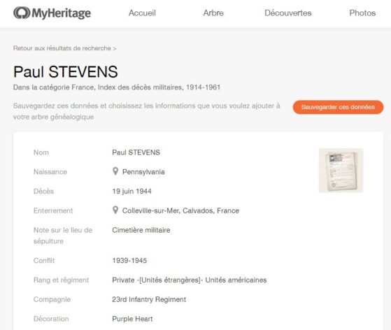 Acte de décès de Paul Stevens dans la collection française des Index militaires sur MyHeritage