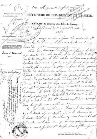 Acte de mariage de Philippe Maus et de Marie Reine Etournel à Paris en 1831