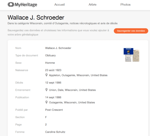 Wallace J. Schroeder est décédé en 1986 à l’âge de 63 ans. Collection Wisconsin, comté d’Outagamie, notices nécrologiques et avis de décès, MyHeritage.