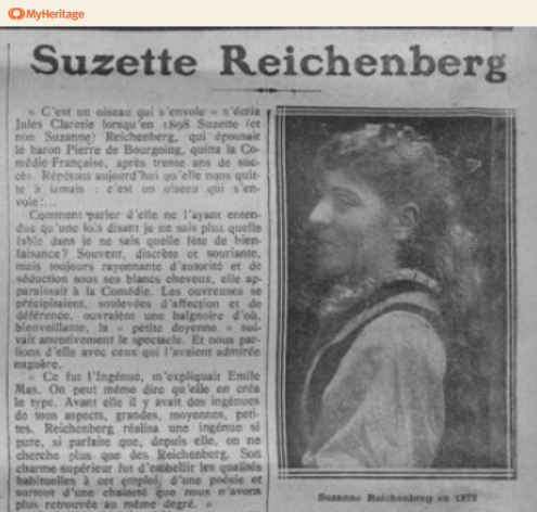 Le journal Comoedia du 11 mars 1924 relatant la vie et la carrière de Suzanne Reichenberg deux jours après son décès.