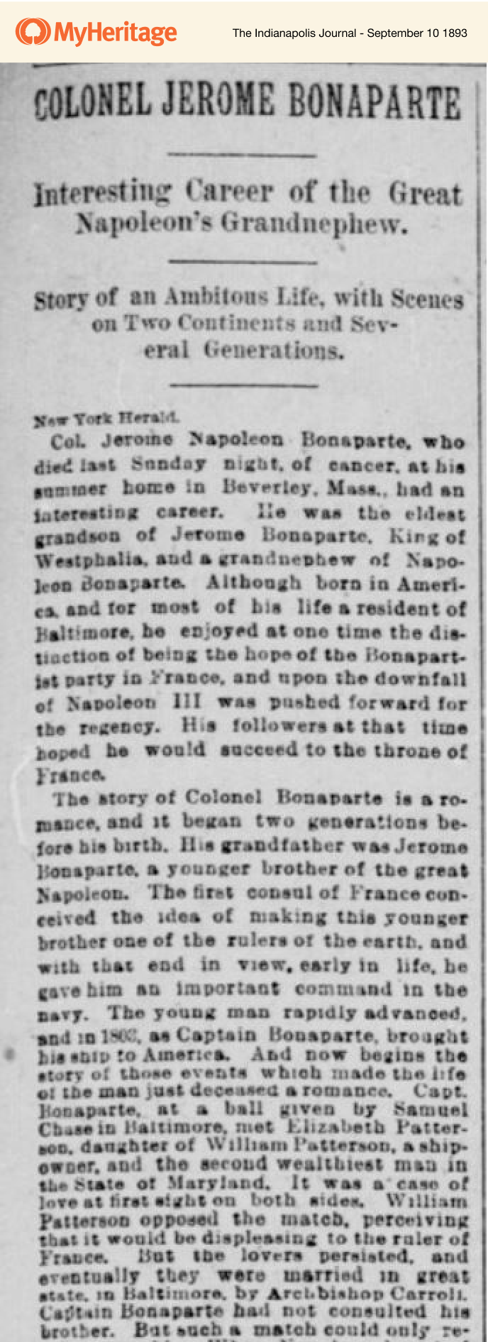 A sa mort, la presse retrace la vie et la carrière de Jérôme Napoléon Bonaparte. Collections MyHeritage. 