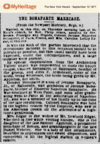 L’annonce du mariage de Jerome Bonaparte et Caroline Appleton en 1871. Collections MyHeritage.