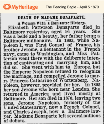 À la mort d’Elizabeth Patterson Bonaparte, la presse n’a pas manqué de parler de son romantique mariage avec un frère de Napoléon Ier.
