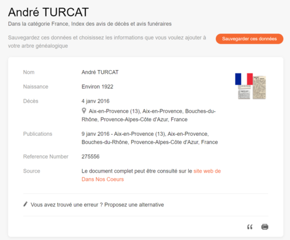 Notice de décès d’André Turcat [Crédit : Index des avis de décès et avis funéraires, France, MyHeritage]