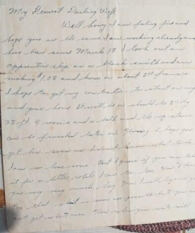 Lettre d’amour (recto) de Wallace addressée à sa jeune épouse, Rose, alors qu’il attendait avec impatience son arrivée dans le Wisconsin.