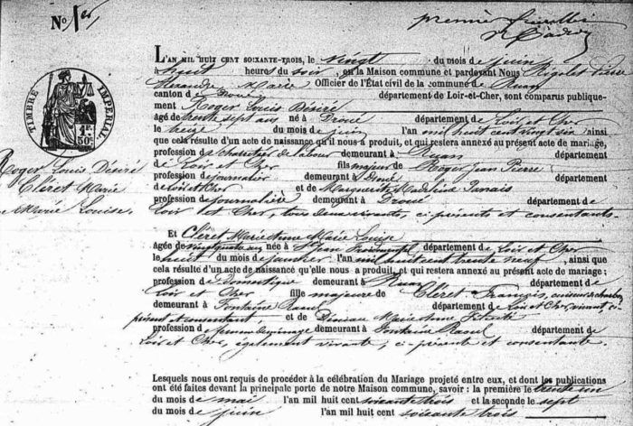 L’acte de mariage des arrière-arrière-grands-parents de Patrick Roger : Marie, la fille de François, qualifié de cuiseur de charbon, épouse Louis Désiré Roger en 1863.