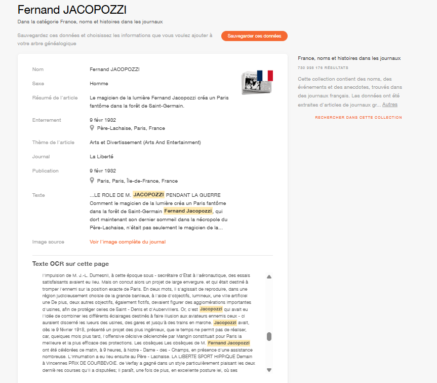 Fiche pour Fernand Jacopozzi dans la collection France, Noms et Histoires dans les journaux sur MyHeritage (Cliquez pour agrandir)