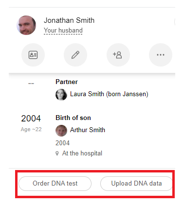 Nouveaux boutons « Faire un test ADN » et « Importer des données ADN » dans la fenêtre latérale