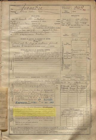 Le registre matricule de Xavier Jambu, décrivant les circonstances de sa mort au combat en février 1916